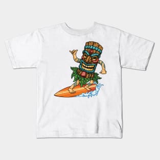 Surfing With Surfer Tiki Mask Riding Wave Isolated Kids T-Shirt